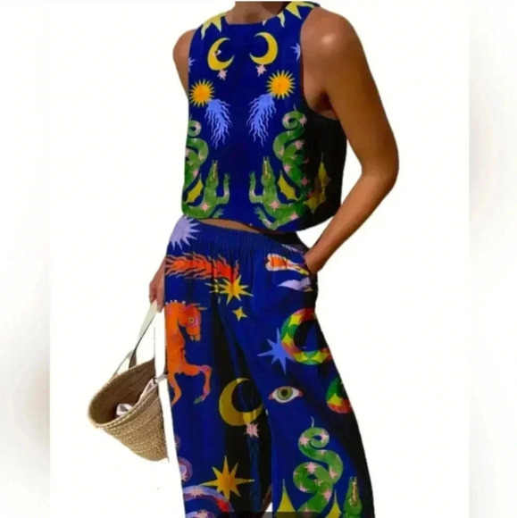 NWT Two Piece Graphic Print Sleeveless Crop Tank and Loose Fit Pant NIP … - Picture 5 of 6